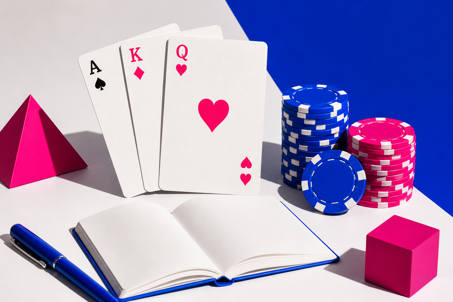 Still life of cards, chips and a rulebook used as a comparison motif