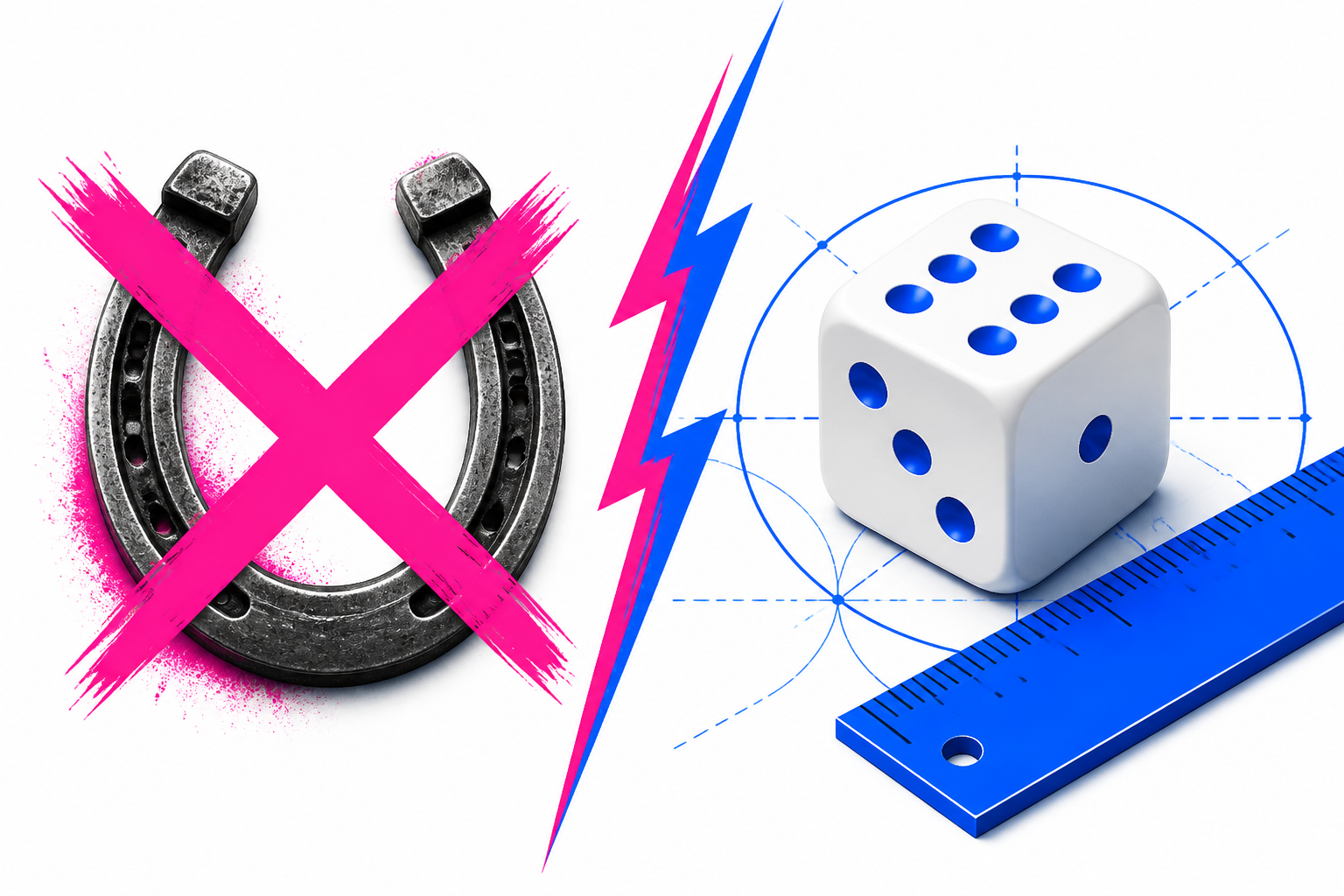 Crossed-out lucky charm beside dice and a ruler symbolising probability